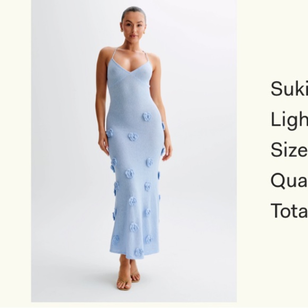Meshki Light Blue Knit Maxi Dress with Floral Accents